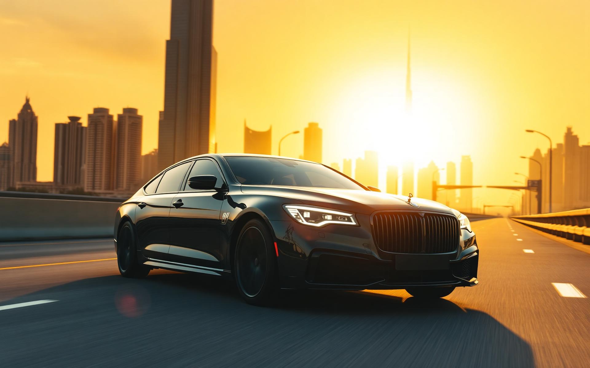 Luxury sedan on a Dubai highway at golden hour